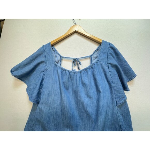Old Navy Women Chambray Flutter Blouse Denim Sz 3X Blue Lightweight Short Sleeve - Picture 5 of 12